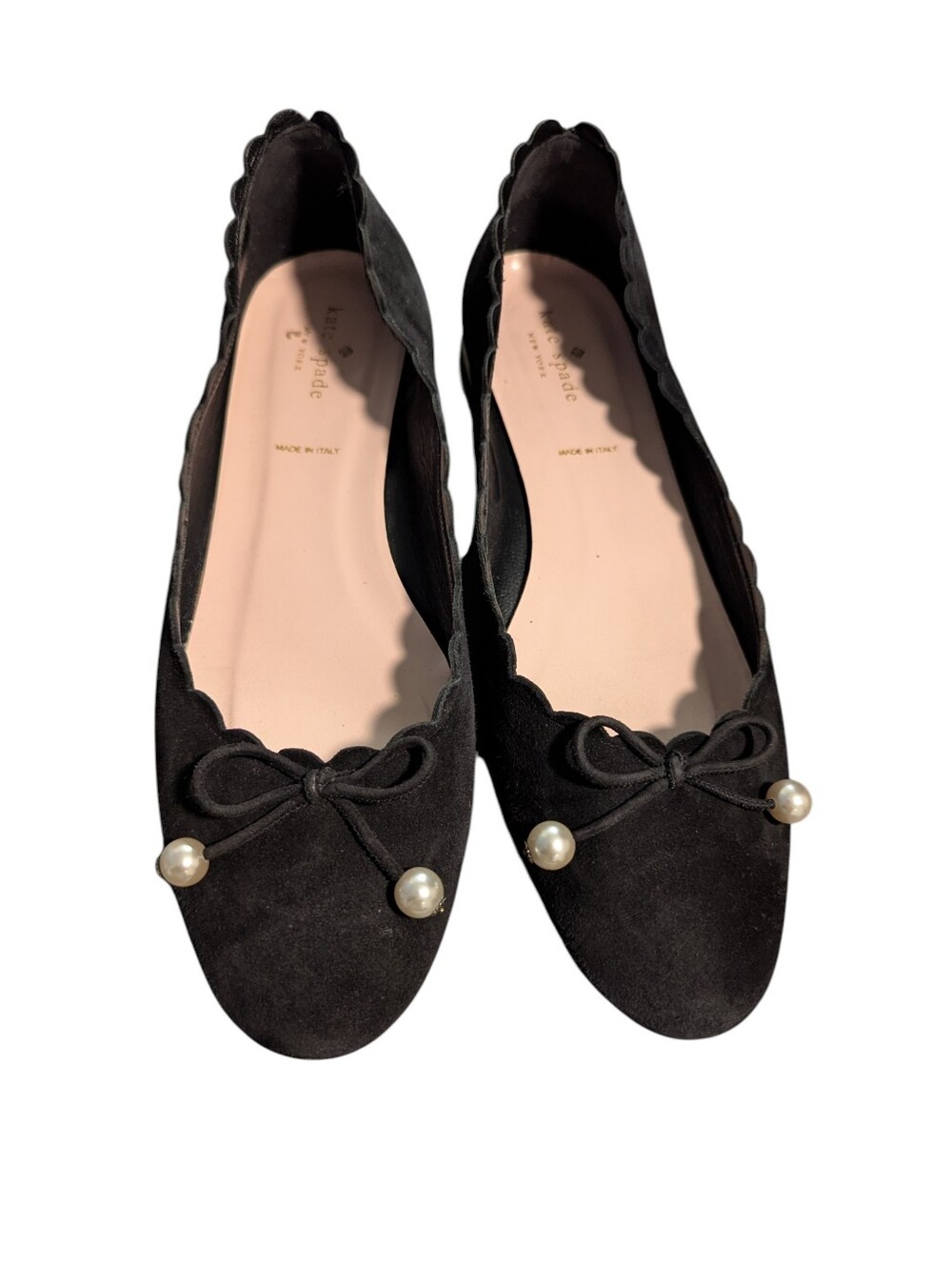 Kate Spade, Suede Bow Flats With Pearl,Size 11